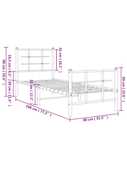 Metallist voodiraam peatsi ja jalutsiga, valge, 75x190 cm