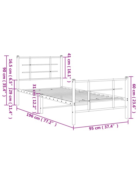 Metallist voodiraam peatsi ja jalutsiga, valge, 90 x 190 cm