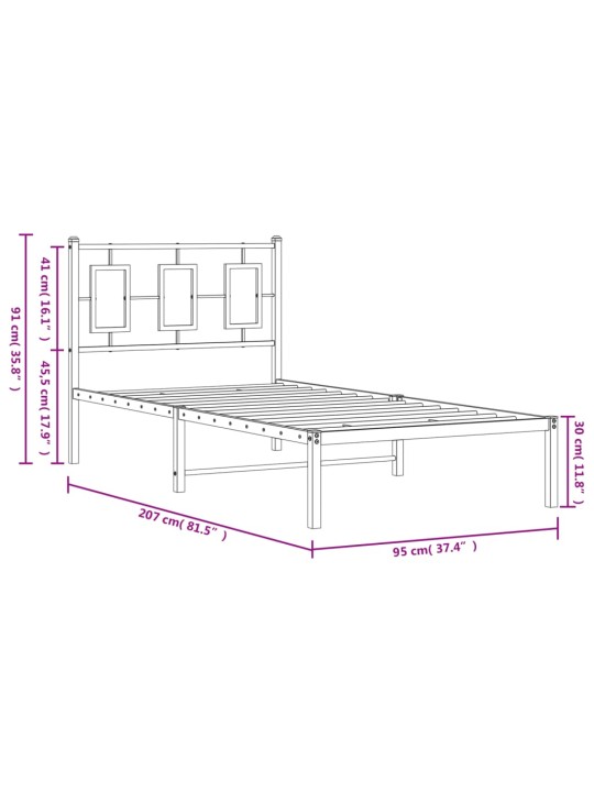 Metallist voodiraam peatsiga, must, 90x200 cm