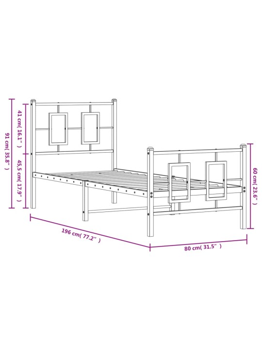 Metallist voodiraam peatsi ja jalutsiga, valge, 75x190 cm