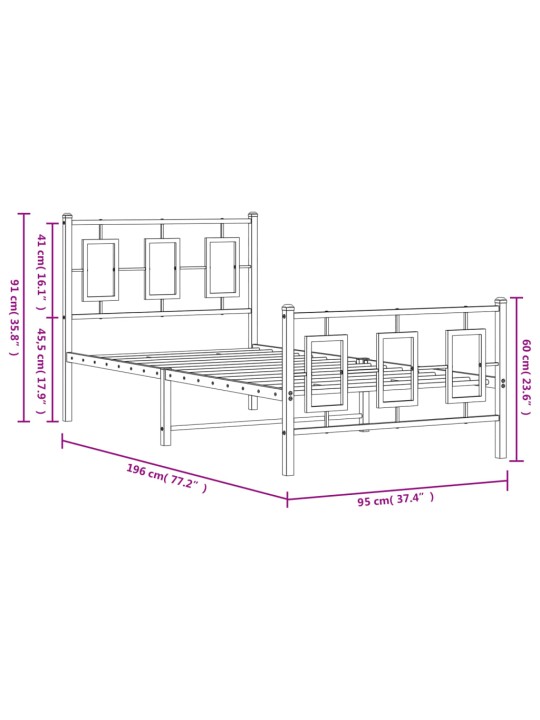 Metallist voodiraam peatsi ja jalutsiga, valge, 90 x 190 cm