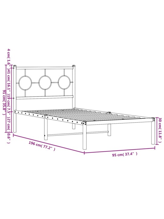 Metallist voodiraam peatsiga, valge, 90 x 190 cm