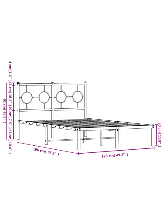 Metallist voodiraam peatsiga, valge, 120x190 cm