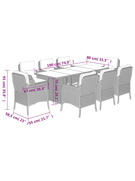 9-osaline aia söögimööbli komplekt patjadega, pruun, polürotang