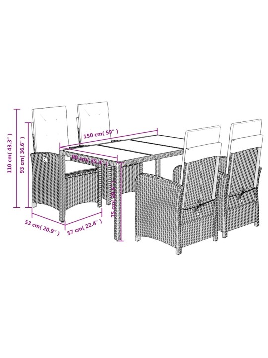 5-osaline aiamööbli komplekt patjadega, must, polürotang