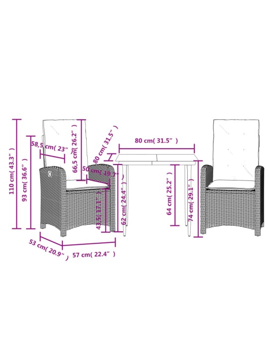 3-osaline aiamööbli komplekt patjadega, beež, polürotang