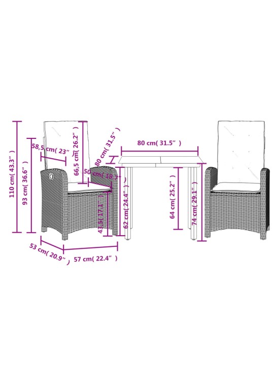 3-osaline aiamööbli komplekt patjadega, helehall, polürotang