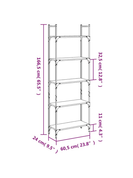 Raamaturiiul 5-korruseline, hall sonoma tamm, 60,5x24x166,5 cm