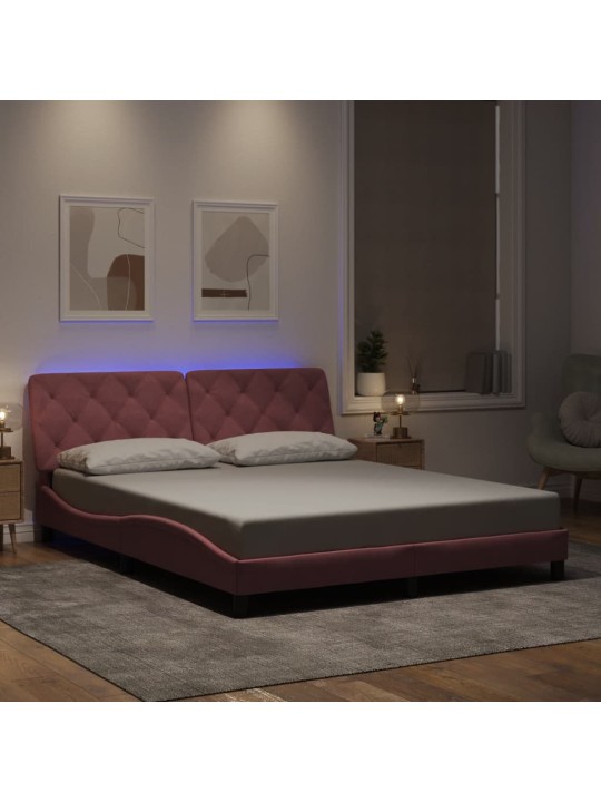 Voodiraam LED-tuledega, roosa, 160x200 cm, samet