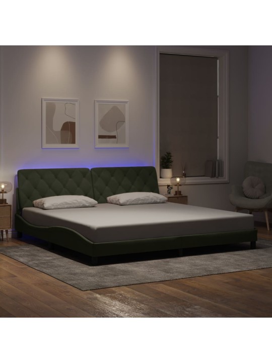 Voodiraam LED-tuledega, helehall, 200x200 cm, samet