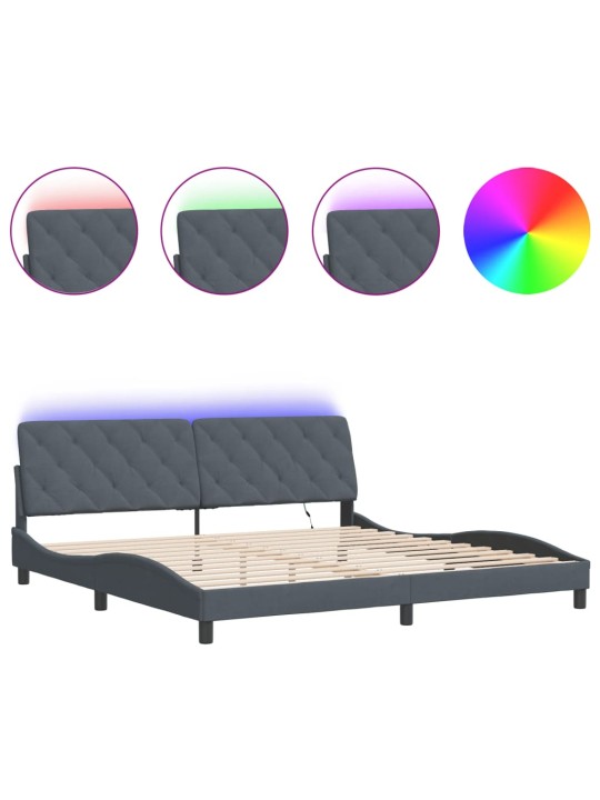 Voodiraam LED-tuledega, tumehall, 200x200 cm, samet