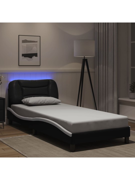 Voodiraam LED-tuledega, must ja valge, 90 x 190 cm, kunstnahk