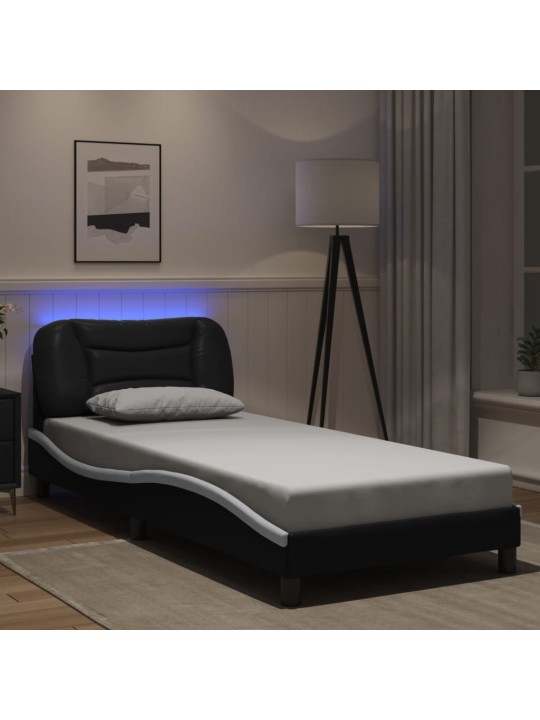 Voodiraam LED-tuledega, must ja valge, 90 x 200 cm, kunstnahk