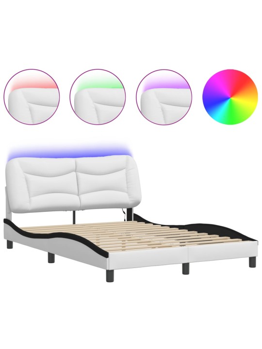 Voodiraam LED-tuledega, valge ja must, 140 x 190 cm, kunstnahk