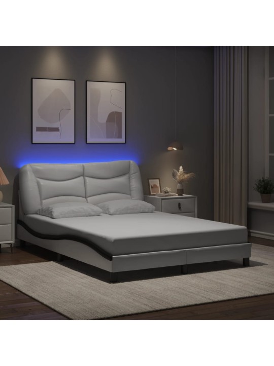 Voodiraam LED-tuledega, valge ja must, 140 x 190 cm, kunstnahk