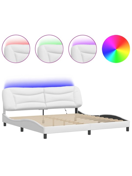 Voodiraam LED-tuledega, valge, 200x200 cm, kunstnahk