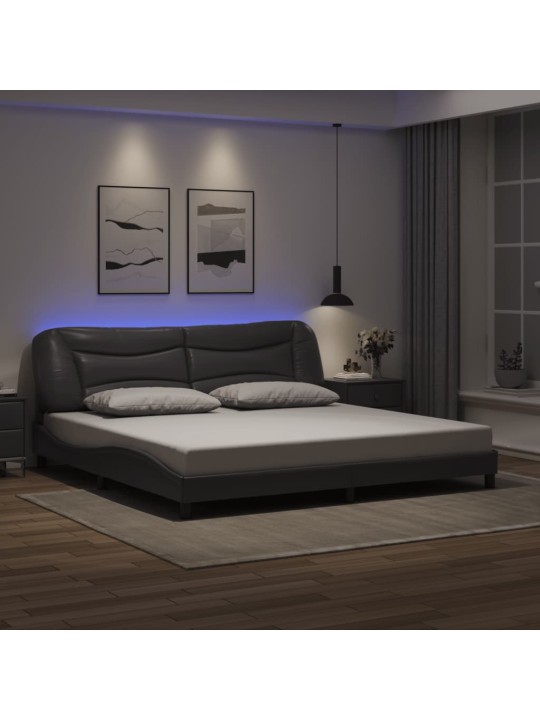 Voodiraam LED-tuledega, hall, 200x200 cm, kunstnahk