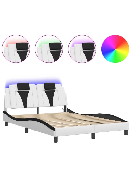 Voodiraam LED-tuledega, valge ja must, 140 x 190 cm, kunstnahk