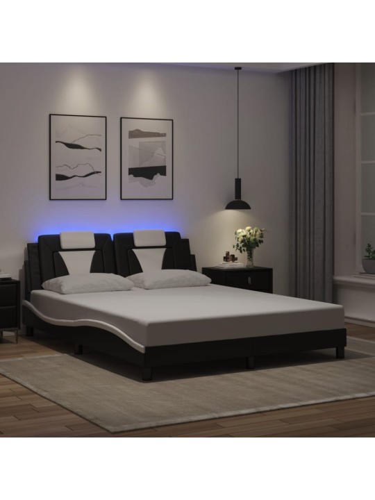 Voodiraam LED-tuledega, must ja valge, 160 x 200 cm, kunstnahk