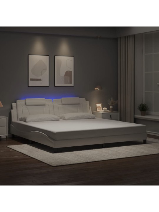 Voodiraam LED-tuledega, valge, 200x200 cm, kunstnahk