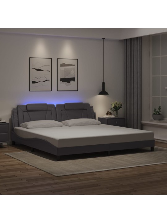 Voodiraam LED-tuledega, hall, 200x200 cm, kunstnahk