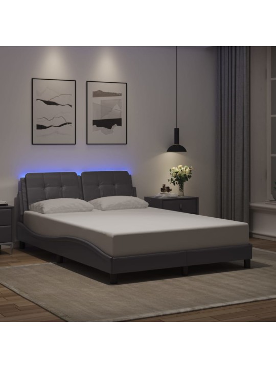 Voodiraam LED-tuledega, hall, 140 x 190 cm, kunstnahk