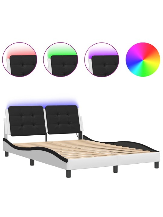 Voodiraam LED-tuledega, valge ja must, 140 x 190 cm, kunstnahk
