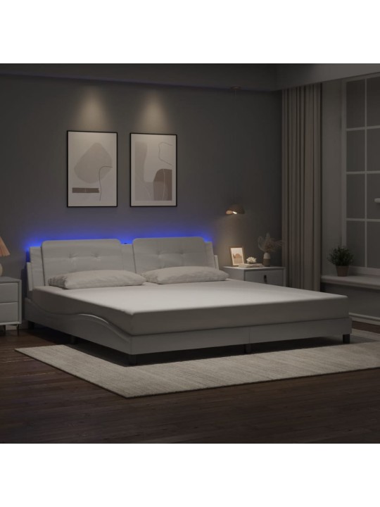 Voodiraam LED-tuledega, valge, 200x200 cm, kunstnahk