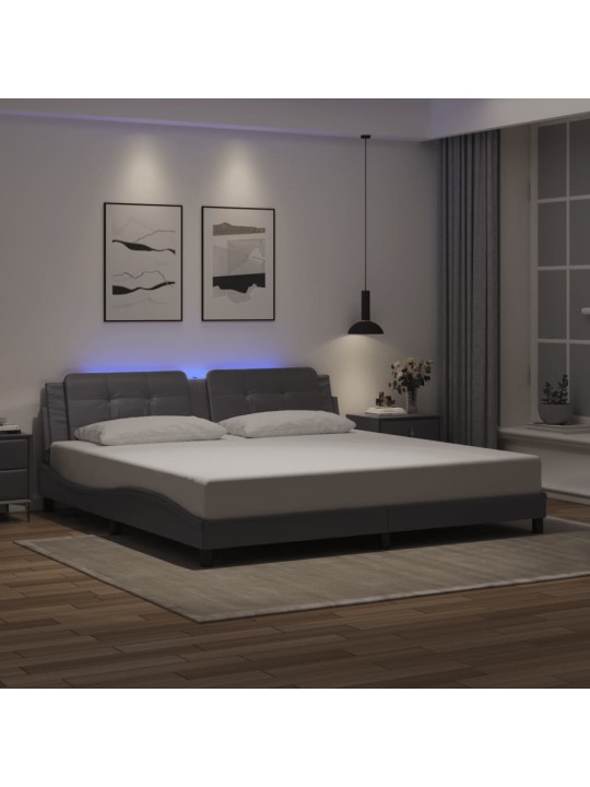 Voodiraam LED-tuledega, hall, 200x200 cm, kunstnahk