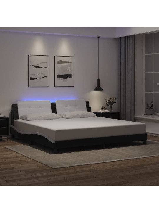 Voodiraam LED-tuledega, must ja valge, 200x200 cm, kunstnahk
