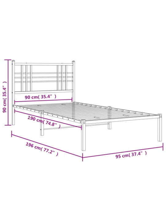 Metallist voodiraam peatsiga, must, 90 x 190 cm