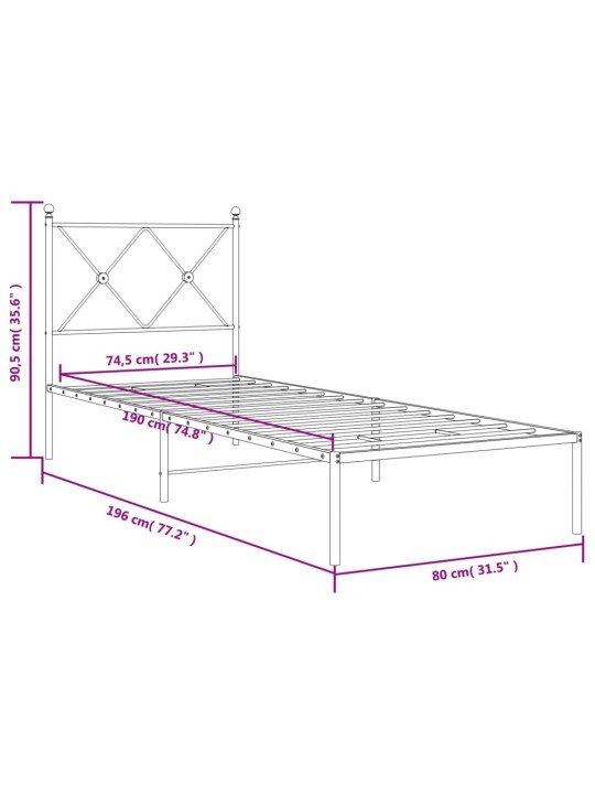 Metallist voodiraam peatsiga, must, 75x190 cm