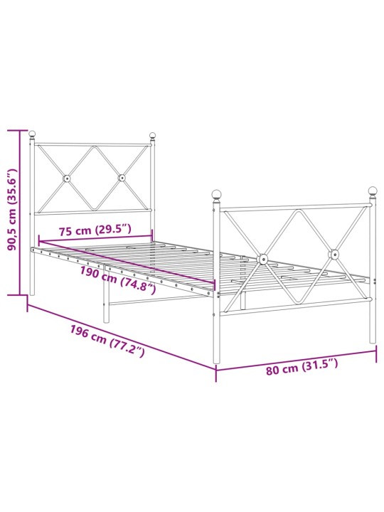 Metallist voodiraam peatsi ja jalutsiga, valge, 75x190 cm