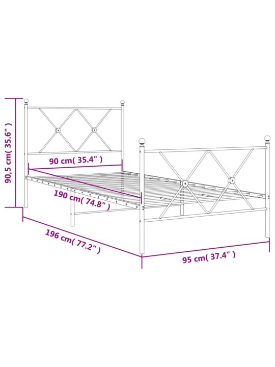 Metallist voodiraam peatsi ja jalutsiga, valge, 90 x 190 cm