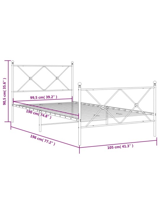 Metallist voodiraam peatsi ja jalutsiga, valge, 100x190 cm