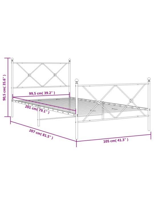 Metallist voodiraam peatsi ja jalutsiga, valge, 100x200 cm