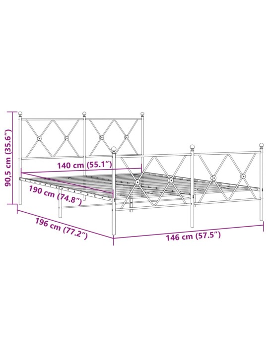 Metallist voodiraam peatsi ja jalutsiga, valge, 140 x 190 cm