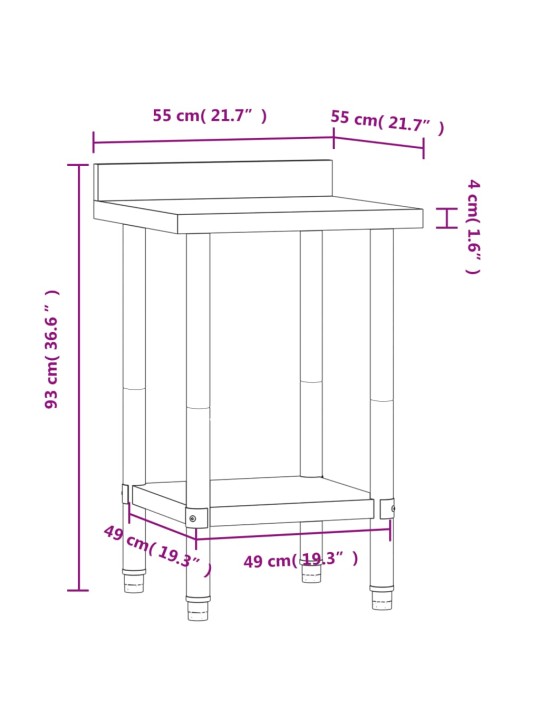 Köögi töölaud pritsmekaitsmega, 55x55x93 cm, roostevaba teras