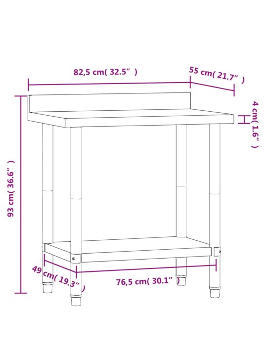 Köögi töölaud pritsmekaitsmega, 82,5x55x93 cm, roostevaba teras