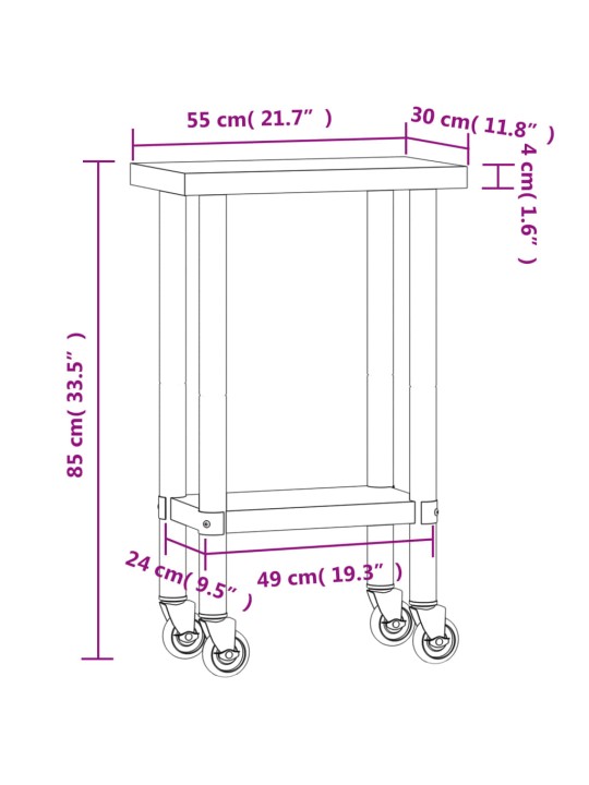 Köögi töölaud ratastega, 55 x 30 x 85 cm, roostevaba teras