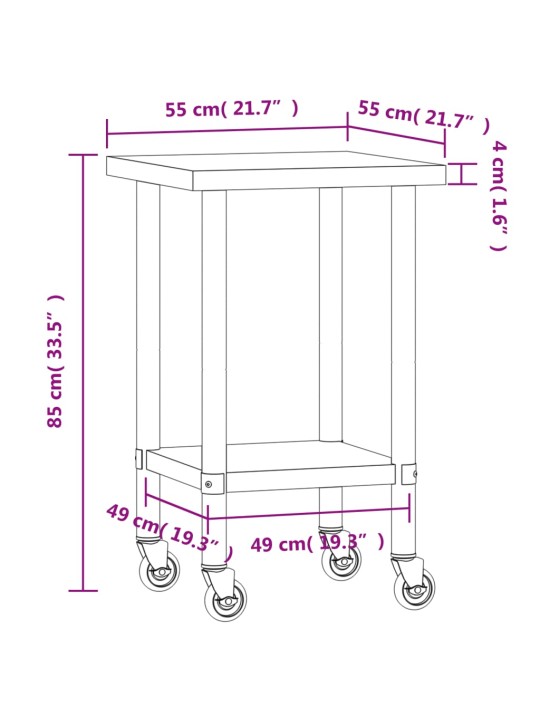 Köögi töölaud ratastega, 55 x 55 x 85 cm, roostevaba teras
