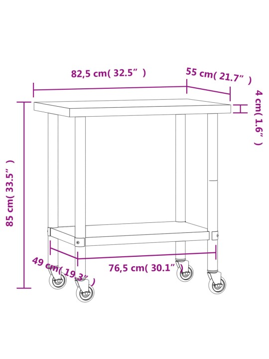 Köögi töölaud ratastega, 82,5 x 55 x 85 cm, roostevaba teras