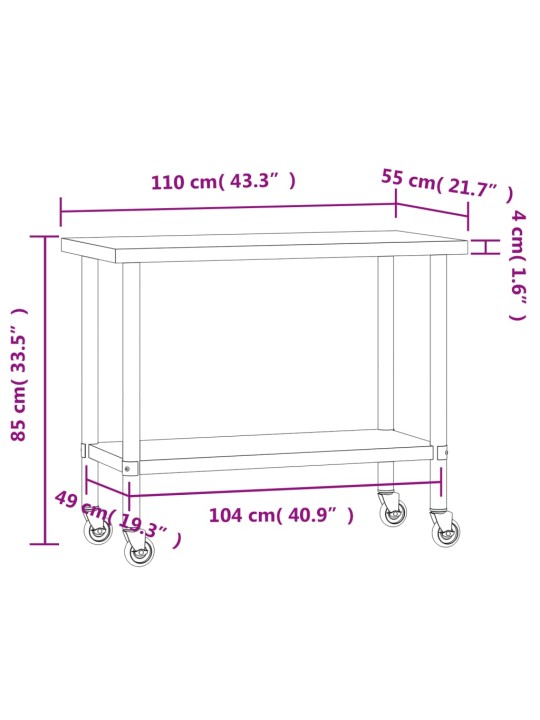 Köögi töölaud ratastega, 110 x 55 x 85 cm, roostevaba teras