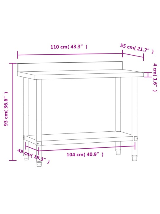 Köögi töölaud pritsmekaitsmega, 110x55x93 cm, roostevaba teras