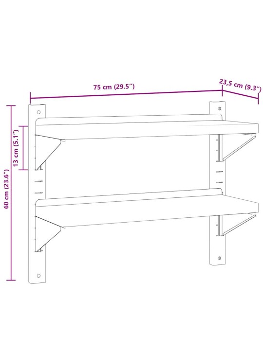 2-korruseline seinariiul 75x23,5x60cm hõbedane roostevaba teras