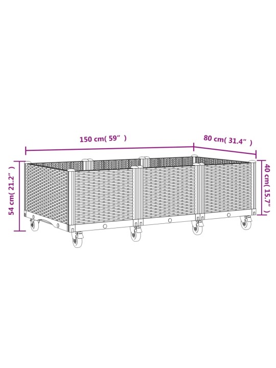 Ratastega taimekast, valge, 150 x 80 x 54 cm, pp