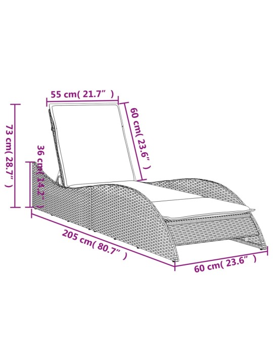 Päevitustool padjaga, must, 60x205x73 cm, polürotang