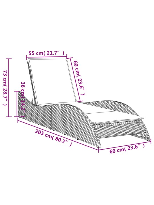 Päevitustool padjaga, pruun, 60x205x73 cm, polürotang