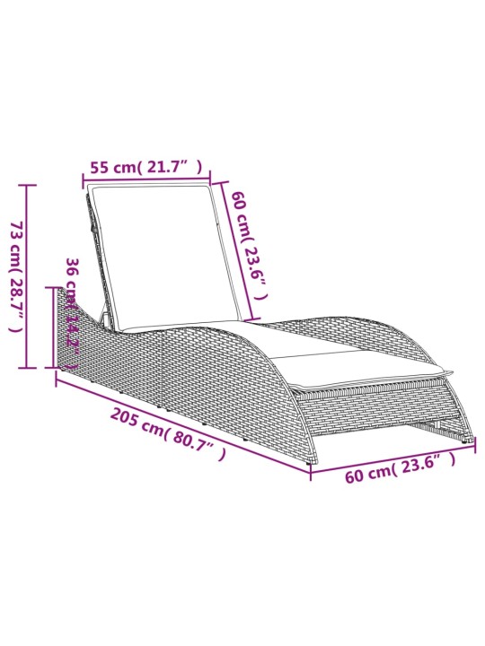 Päevitustool padjaga, hall, 60x205x73 cm, polürotang