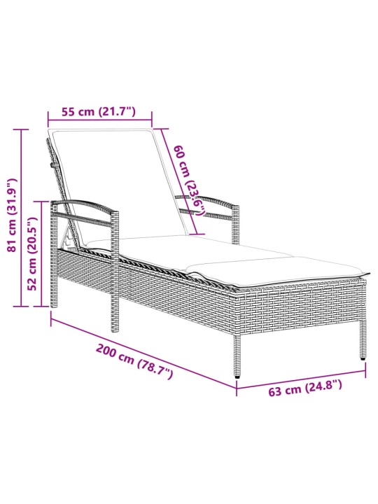 Päevitustool padjaga, must, 63x200x81 cm, polürotang